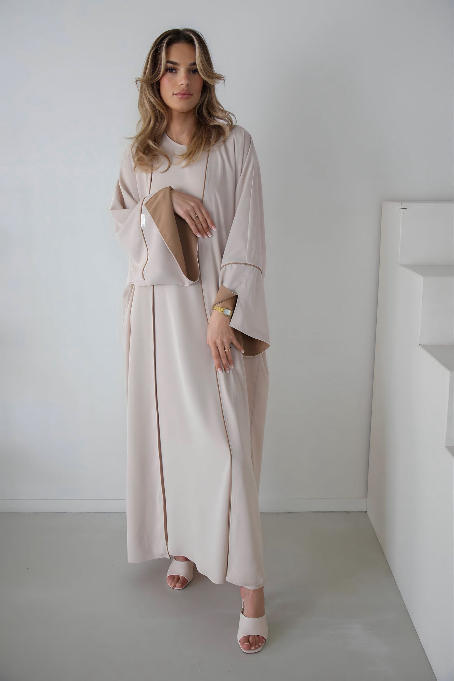 Two toned abaya set beige/brown