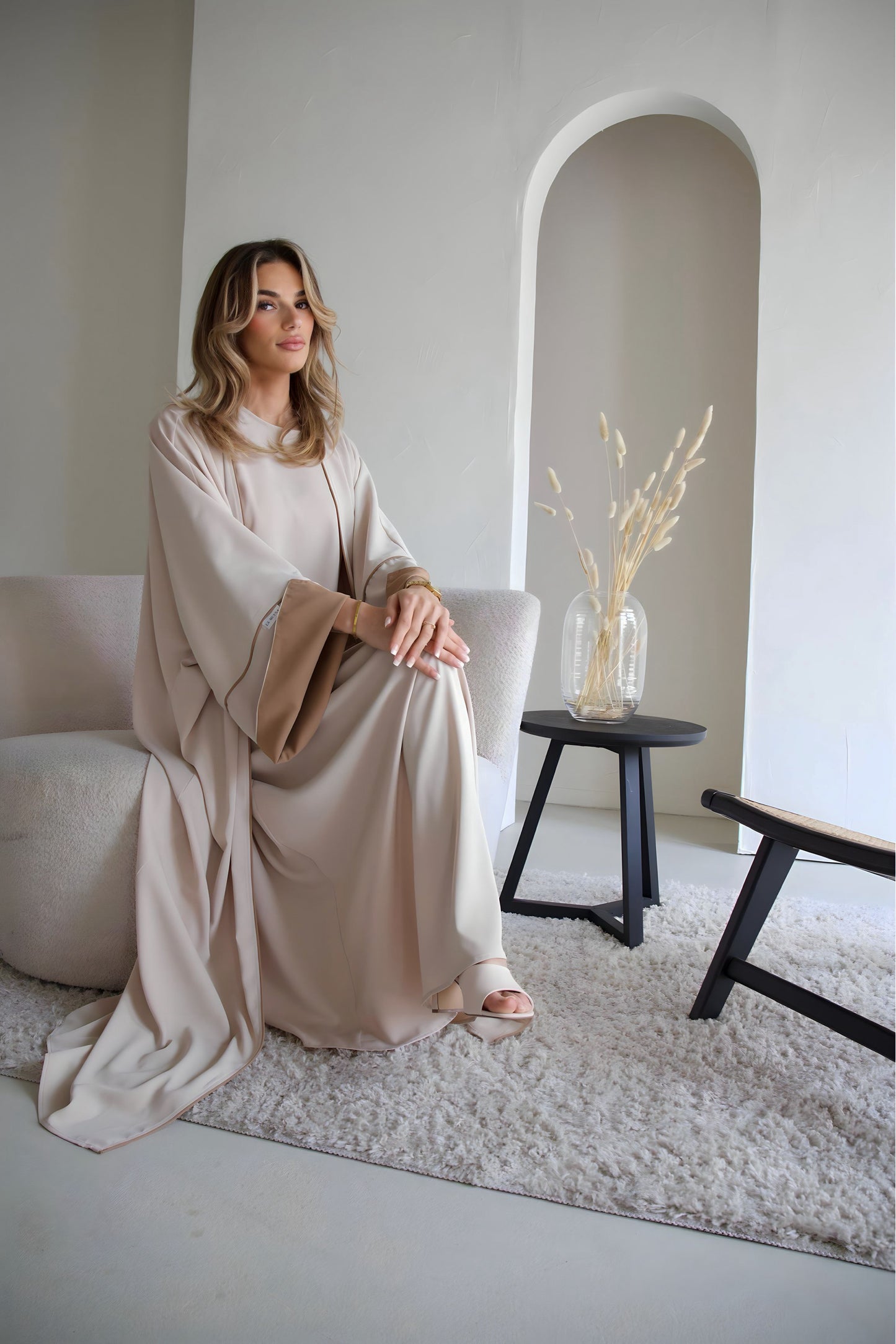 Two toned abaya set beige/brown